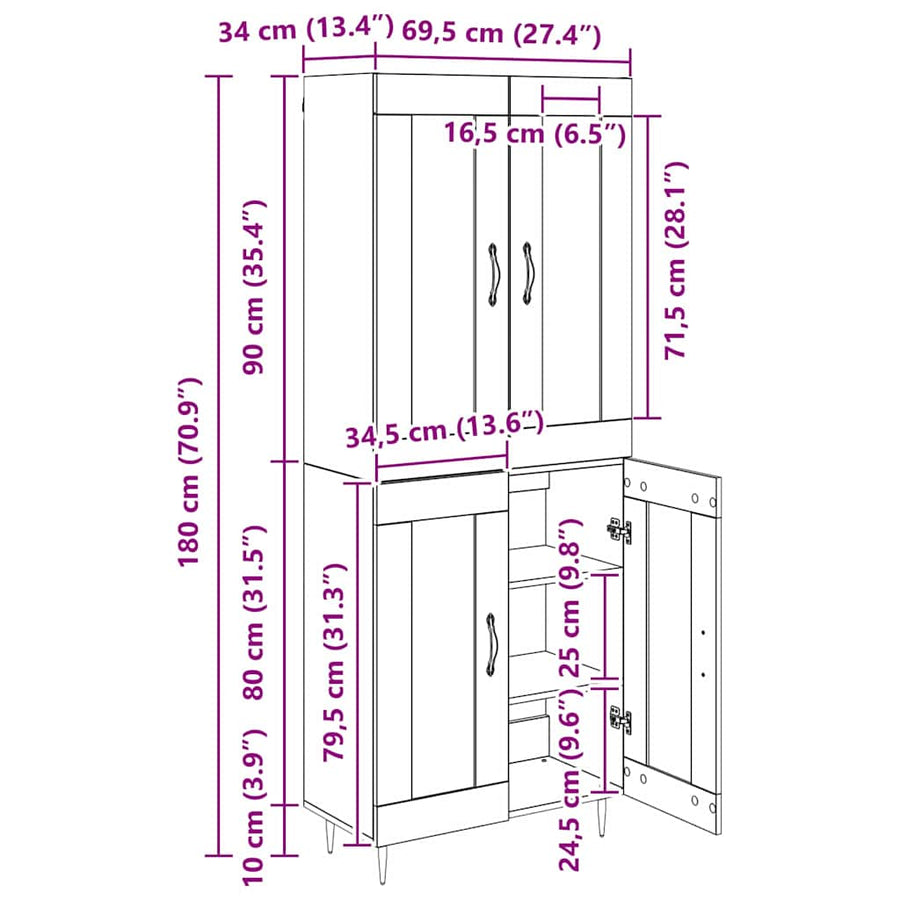 Highboard Artisan Eiken 69,5 x 34 x 90 cm Bewerkt hout