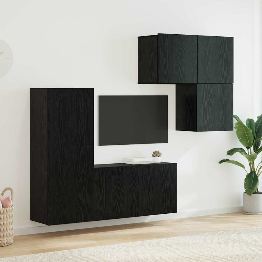 TV-wandmeubel Wandgemonteerd 4 pcs Zwart Eiken Bewerkt hout
