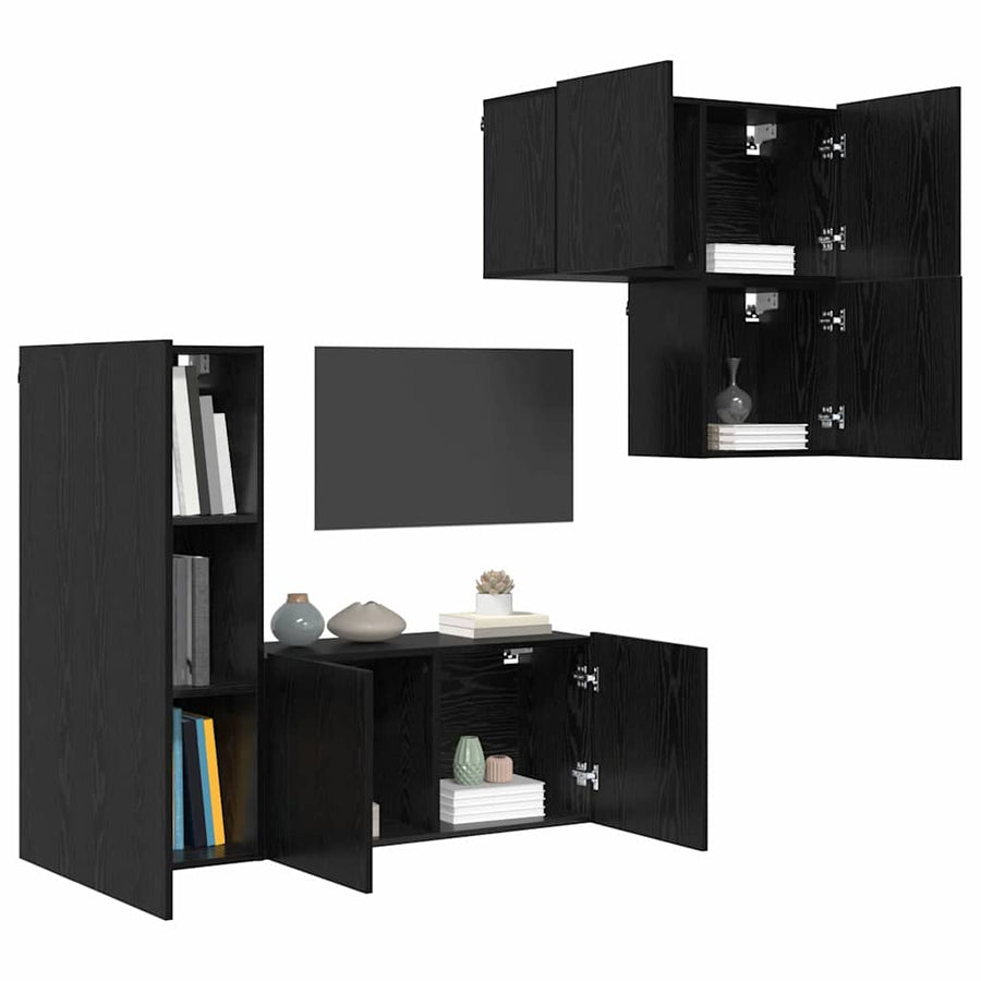 TV-wandmeubel Wandgemonteerd 4 pcs Zwart Eiken Bewerkt hout