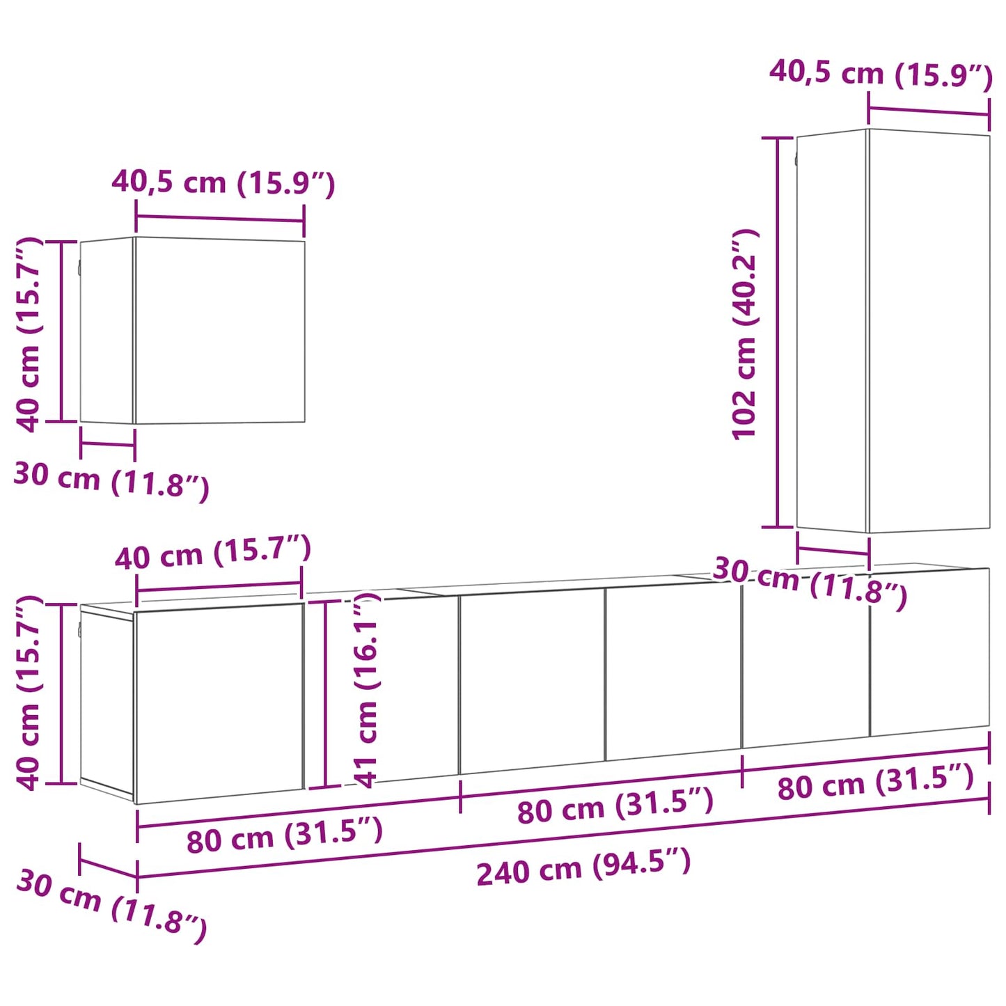 TV-wandmeubel Wandgemonteerd 5 pcs Artisan Eiken Bewerkt hout