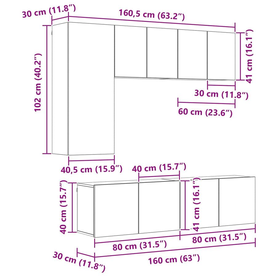 TV-wandmeubel Wandgemonteerd 5 pcs Oud Hout Bewerkt hout