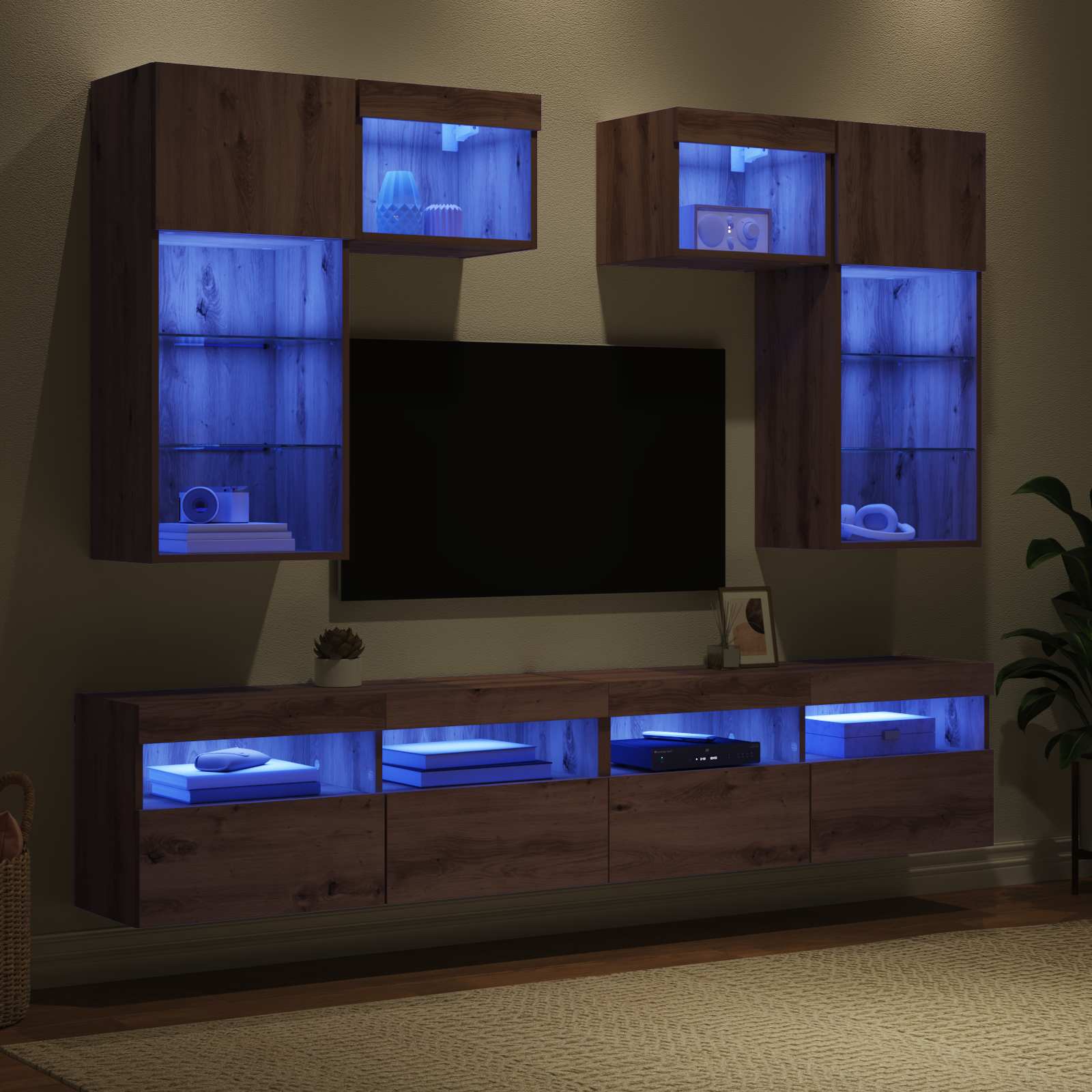 Tv Wandmeubels Met Led-Striplichten 6 Pcs Oud Hout Bewerkt Hout
