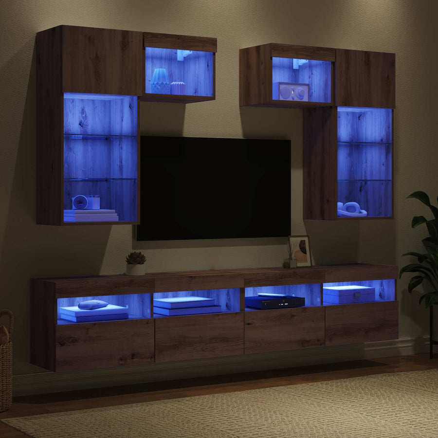 Tv Wandmeubels Met Led-Striplichten 6 Pcs Oud Hout Bewerkt Hout
