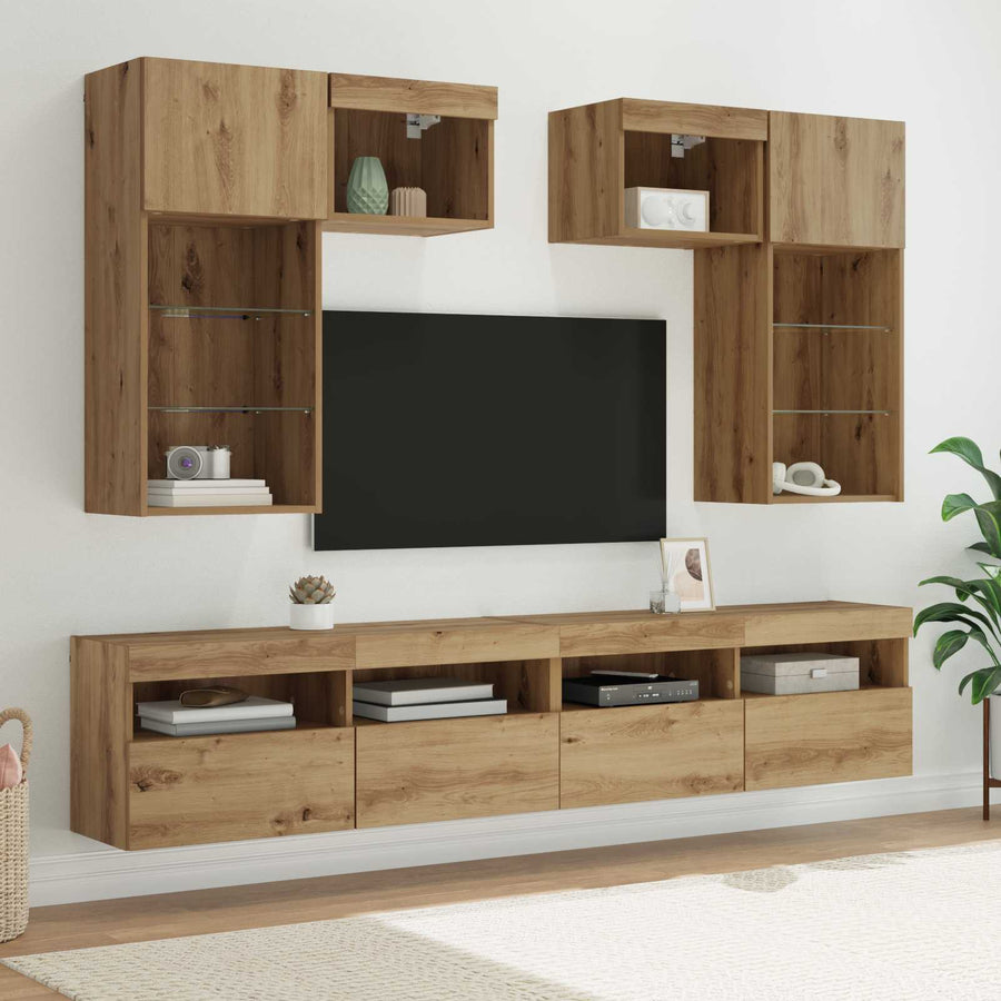 Tv Wandmeubels Met Led-Striplichten 6 Pcs Oud Hout Bewerkt Hout