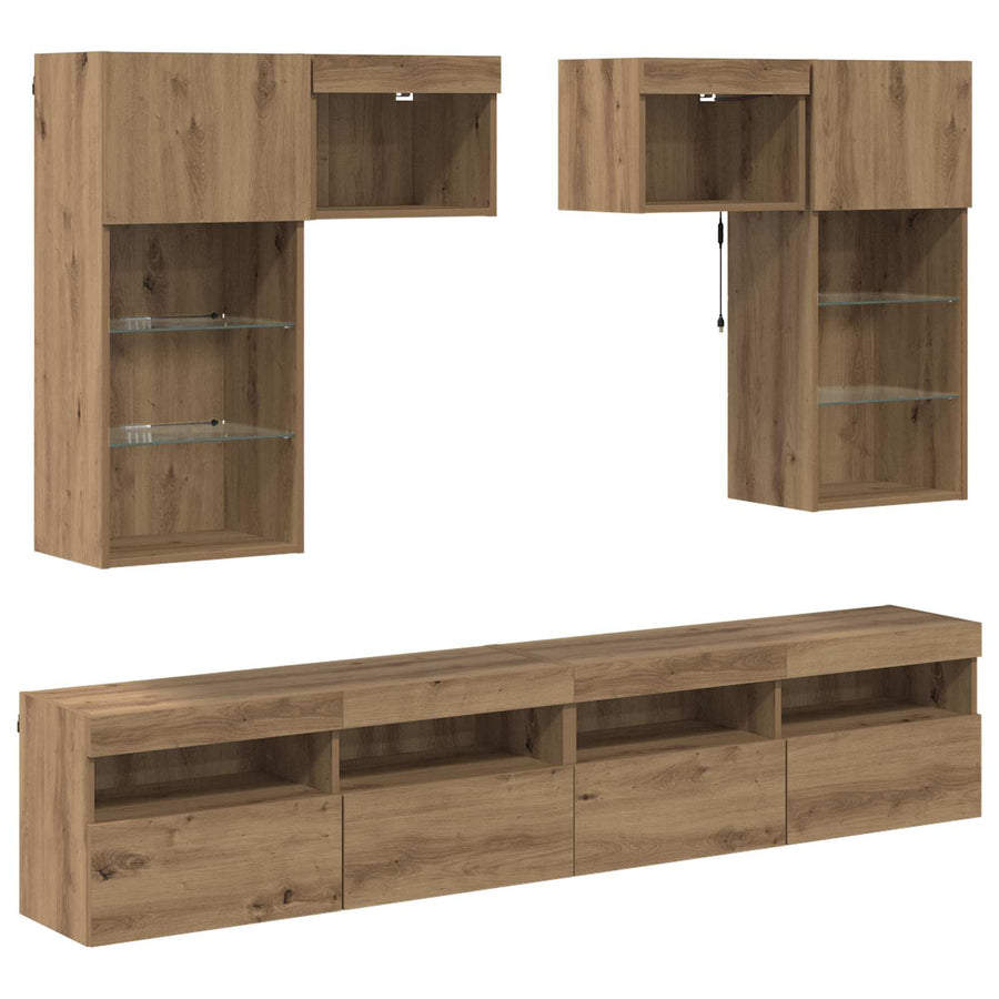 Tv Wandmeubels Met Led-Striplichten 6 Pcs Oud Hout Bewerkt Hout