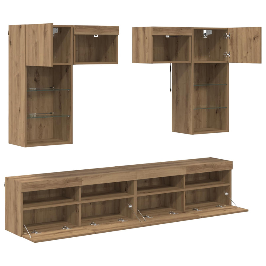 Tv Wandmeubels Met Led-Striplichten 6 Pcs Oud Hout Bewerkt Hout