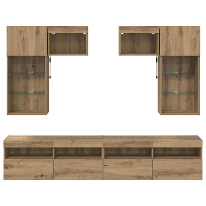 Tv Wandmeubels Met Led-Striplichten 6 Pcs Oud Hout Bewerkt Hout