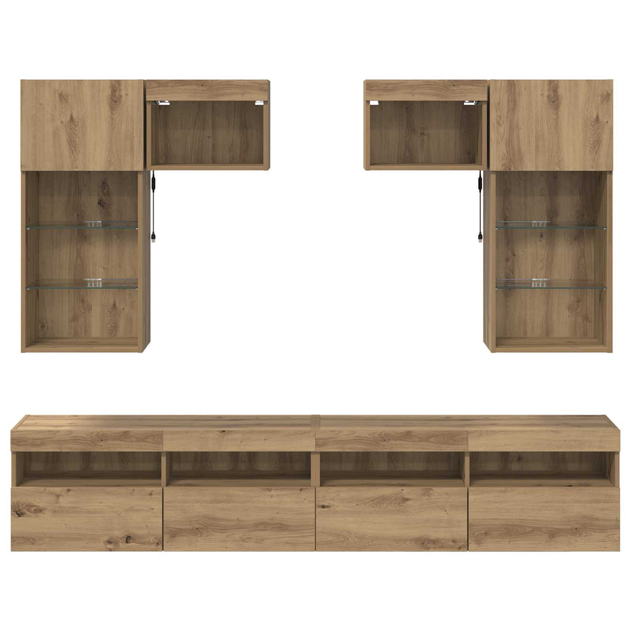 Tv Wandmeubels Met Led-Striplichten 6 Pcs Oud Hout Bewerkt Hout