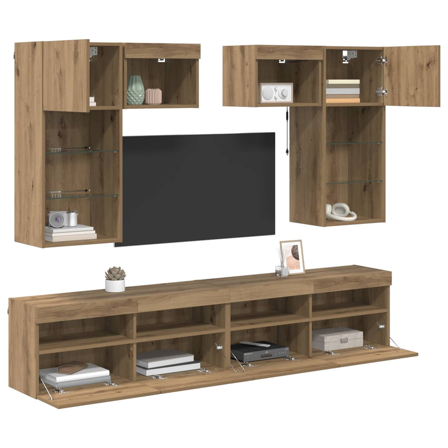 Tv Wandmeubels Met Led-Striplichten 6 Pcs Oud Hout Bewerkt Hout