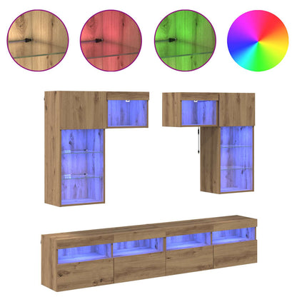 Tv Wandmeubels Met Led-Striplichten 6 Pcs Oud Hout Bewerkt Hout