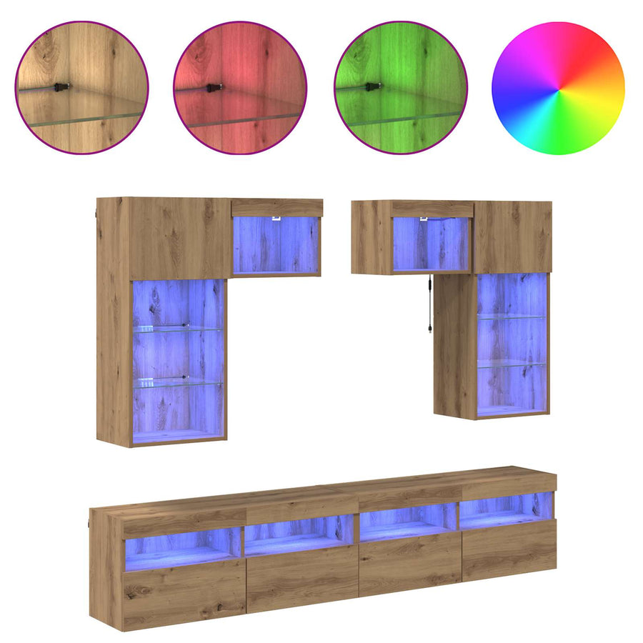 Tv Wandmeubels Met Led-Striplichten 6 Pcs Oud Hout Bewerkt Hout