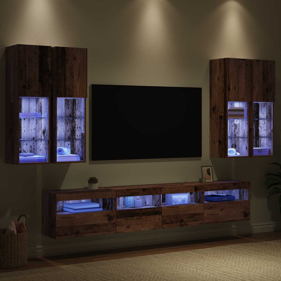 TV Wandkast Set met LED Lichten 7 pcs Oudhout 100 x 30 x 40 cm