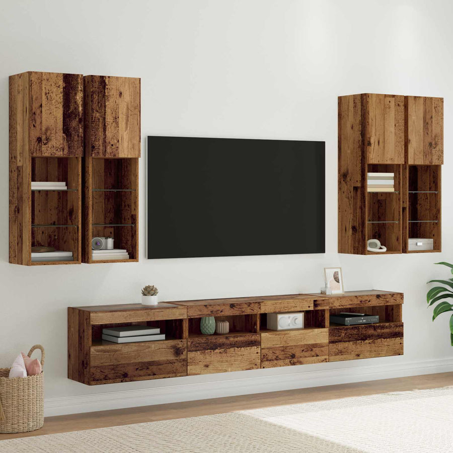 TV Wandkast Set met LED Lichten 7 pcs Oudhout 100 x 30 x 40 cm