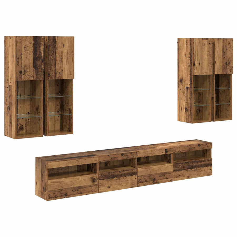 TV Wandkast Set met LED Lichten 7 pcs Oudhout 100 x 30 x 40 cm