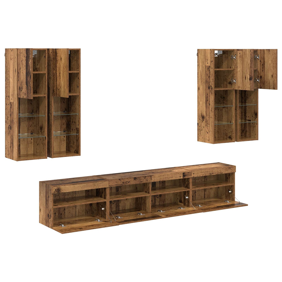 TV Wandkast Set met LED Lichten 7 pcs Oudhout 100 x 30 x 40 cm