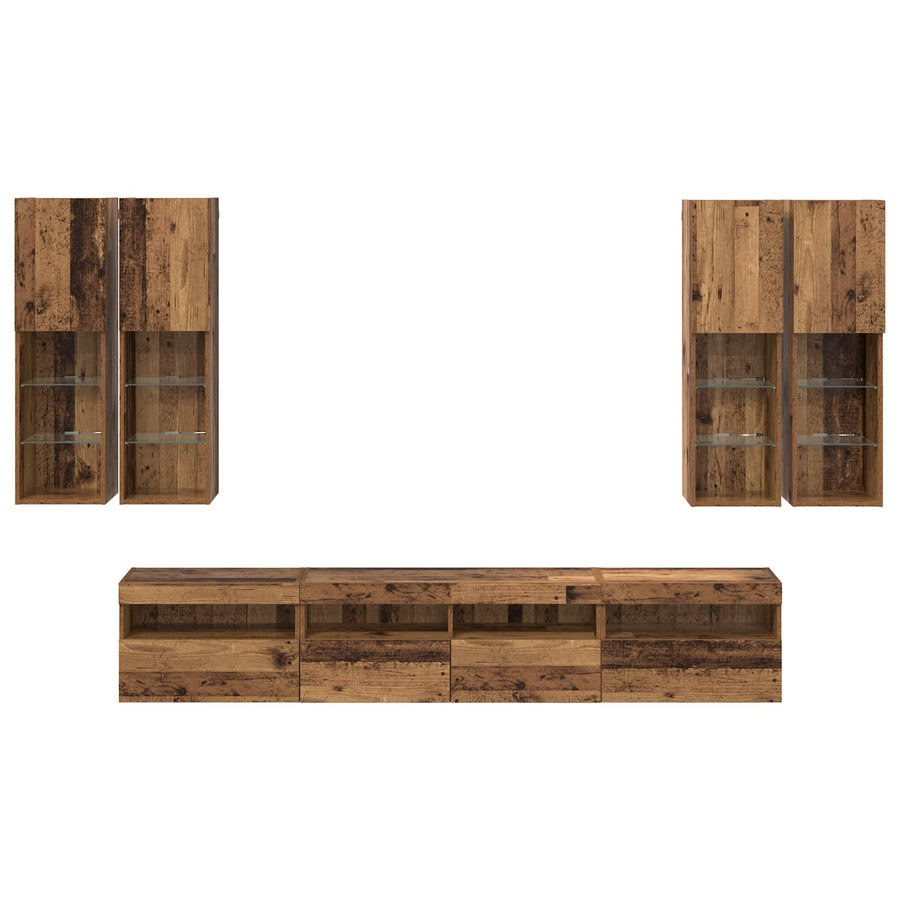 TV Wandkast Set met LED Lichten 7 pcs Oudhout 100 x 30 x 40 cm