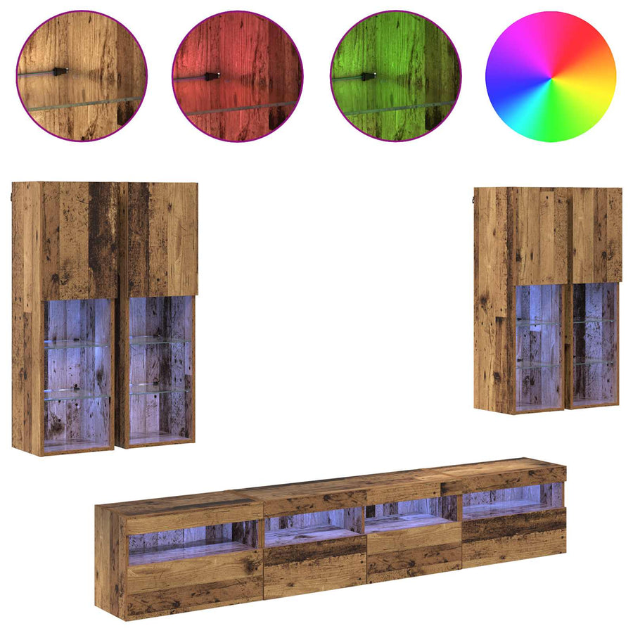 TV Wandkast Set met LED Lichten 7 pcs Oudhout 100 x 30 x 40 cm