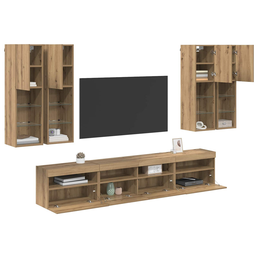 Tv Wandkast Set Met Led Lichten 7 Pcs Artisanaal Eikenkleurig