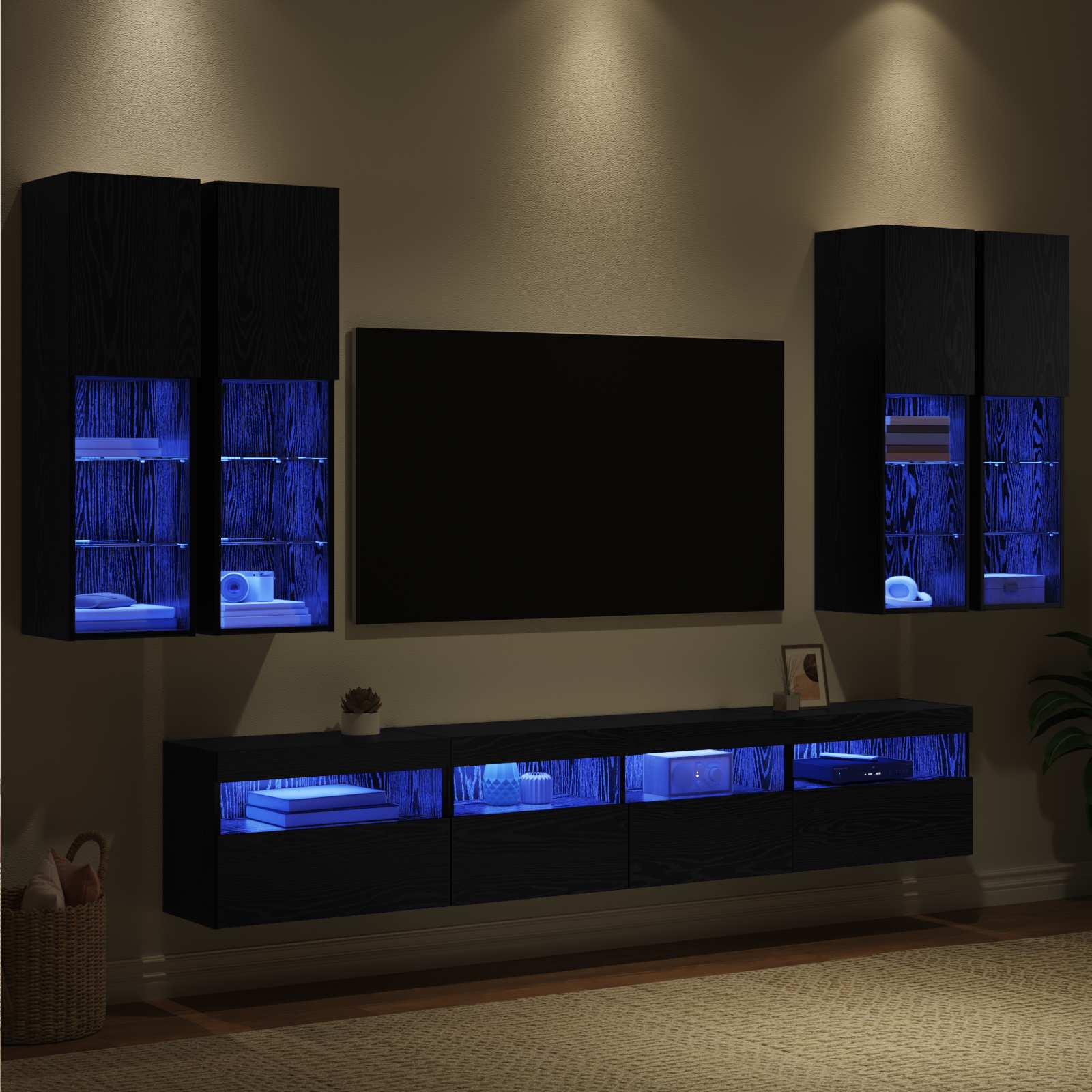 TV Wandkast Set met LED Lichten 7 pcs Zwart Eiken Bewerkt hout