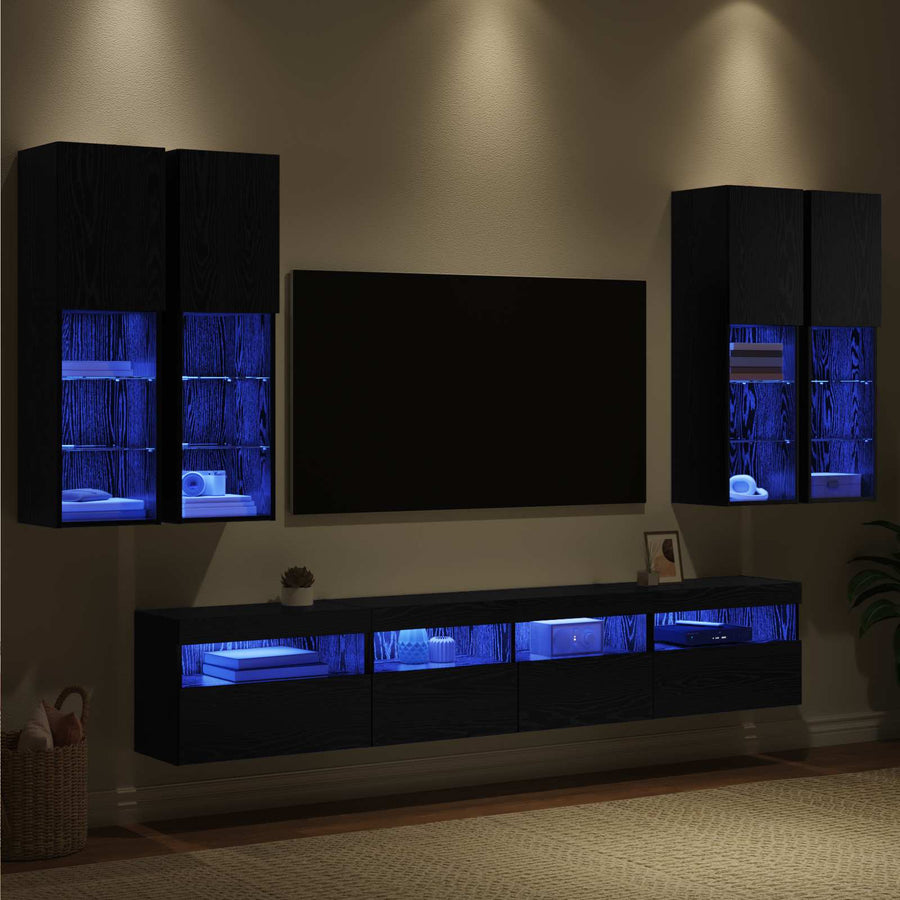 TV Wandkast Set met LED Lichten 7 pcs Zwart Eiken Bewerkt hout