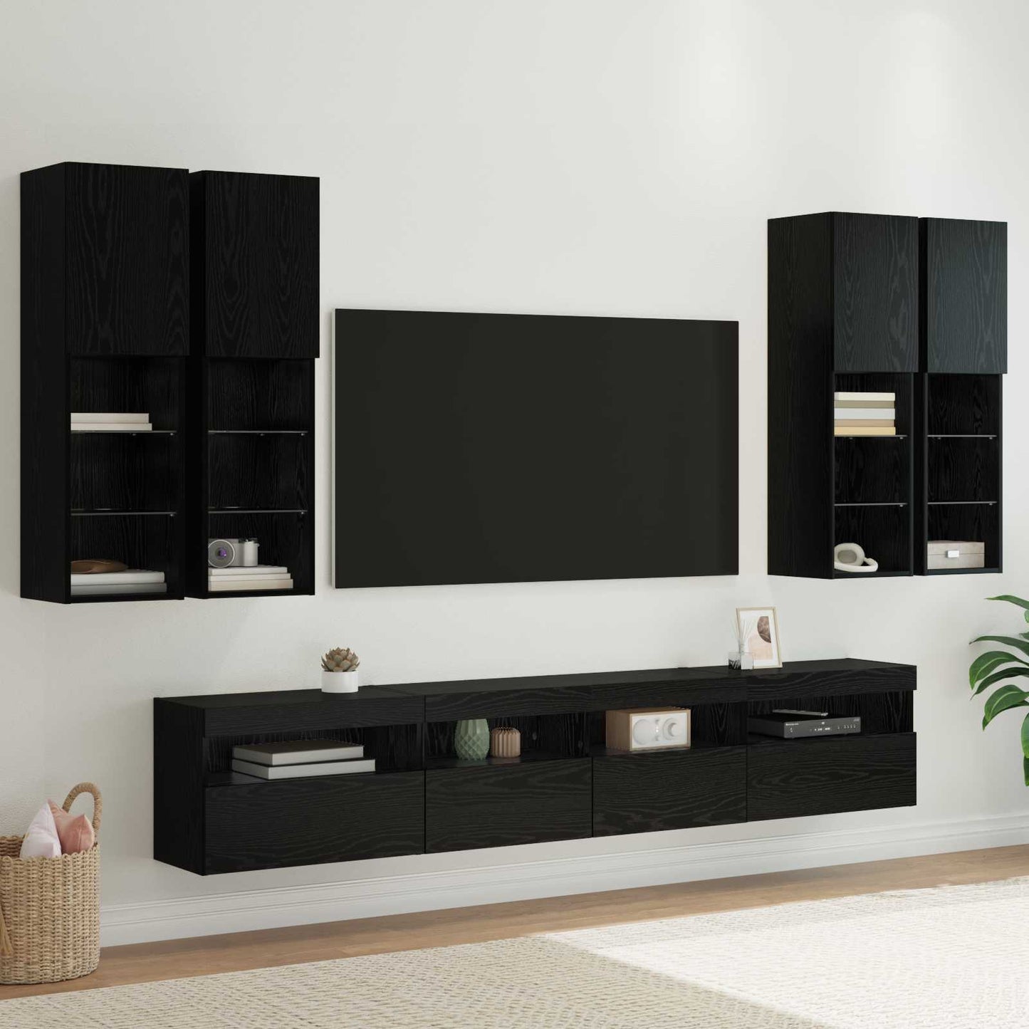 TV Wandkast Set met LED Lichten 7 pcs Zwart Eiken Bewerkt hout