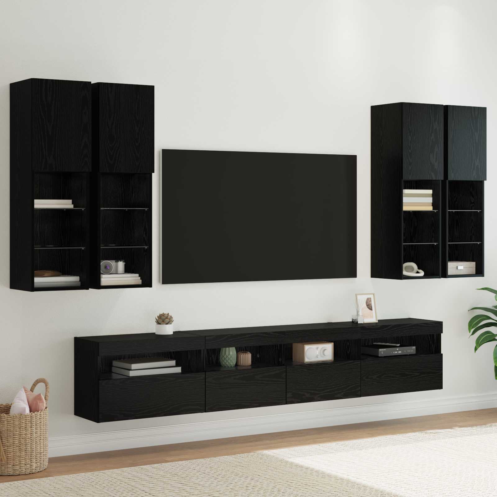 TV Wandkast Set met LED Lichten 7 pcs Zwart Eiken Bewerkt hout
