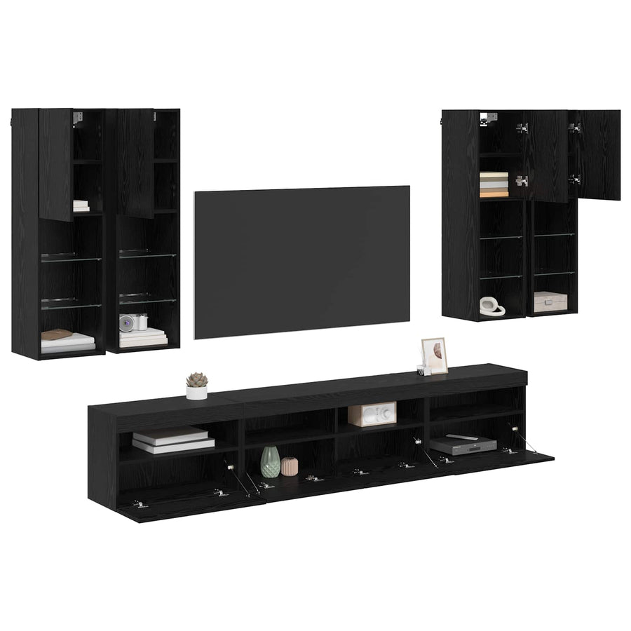 TV Wandkast Set met LED Lichten 7 pcs Zwart Eiken Bewerkt hout