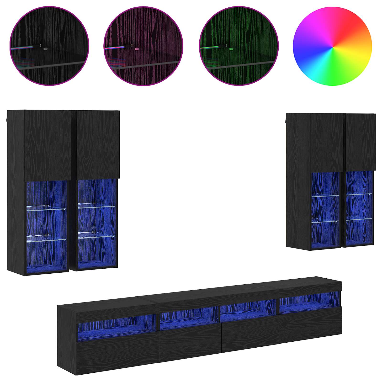 TV Wandkast Set met LED Lichten 7 pcs Zwart Eiken Bewerkt hout