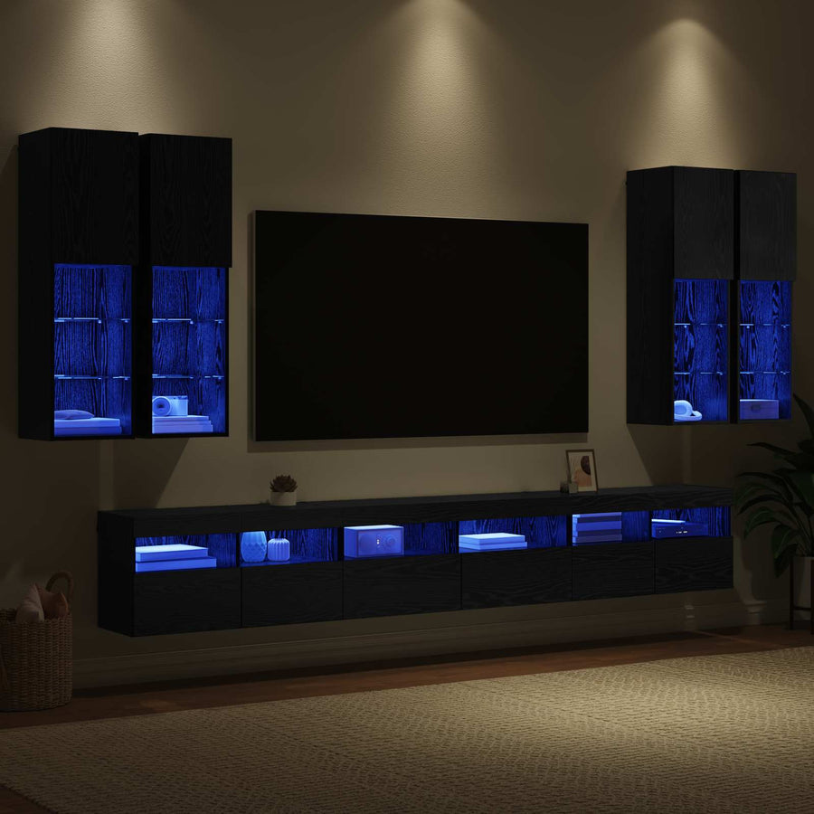 TV Wandkast Set Wandgemonteerd 7 pcs Zwart Eiken Bewerkt hout