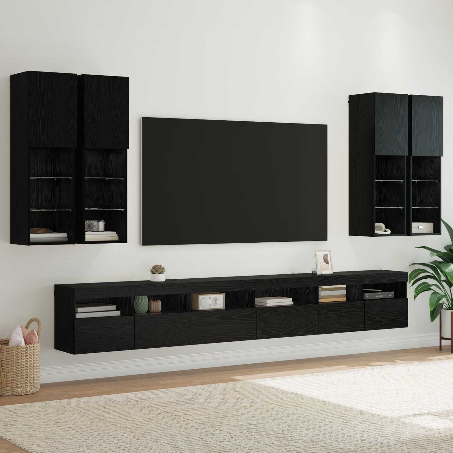 TV Wandkast Set Wandgemonteerd 7 pcs Zwart Eiken Bewerkt hout