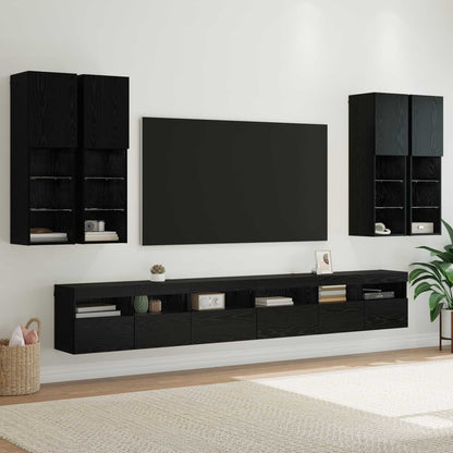 TV Wandkast Set Wandgemonteerd 7 pcs Zwart Eiken Bewerkt hout
