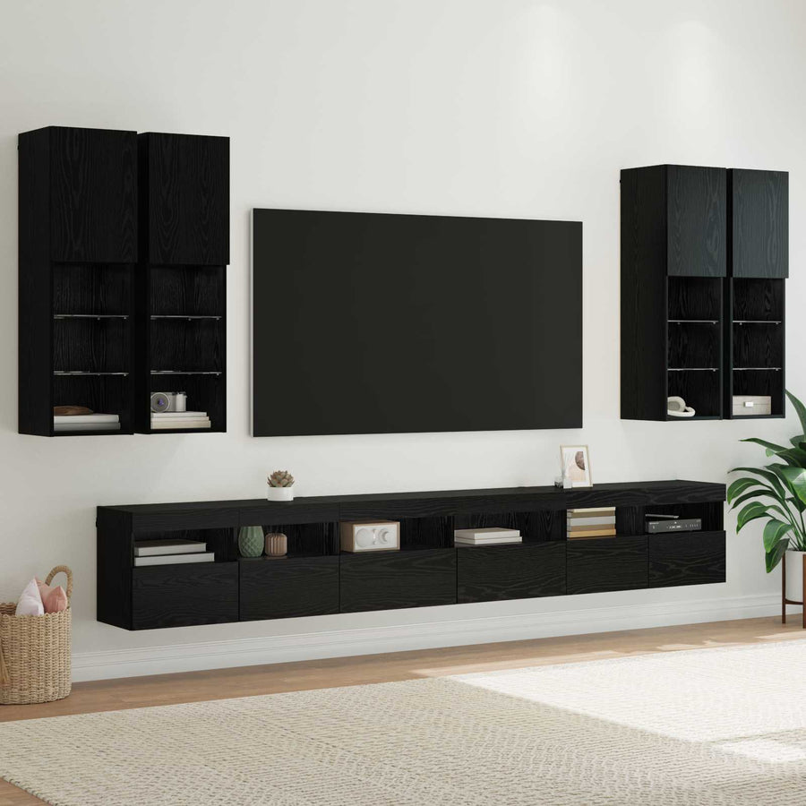 TV Wandkast Set Wandgemonteerd 7 pcs Zwart Eiken Bewerkt hout