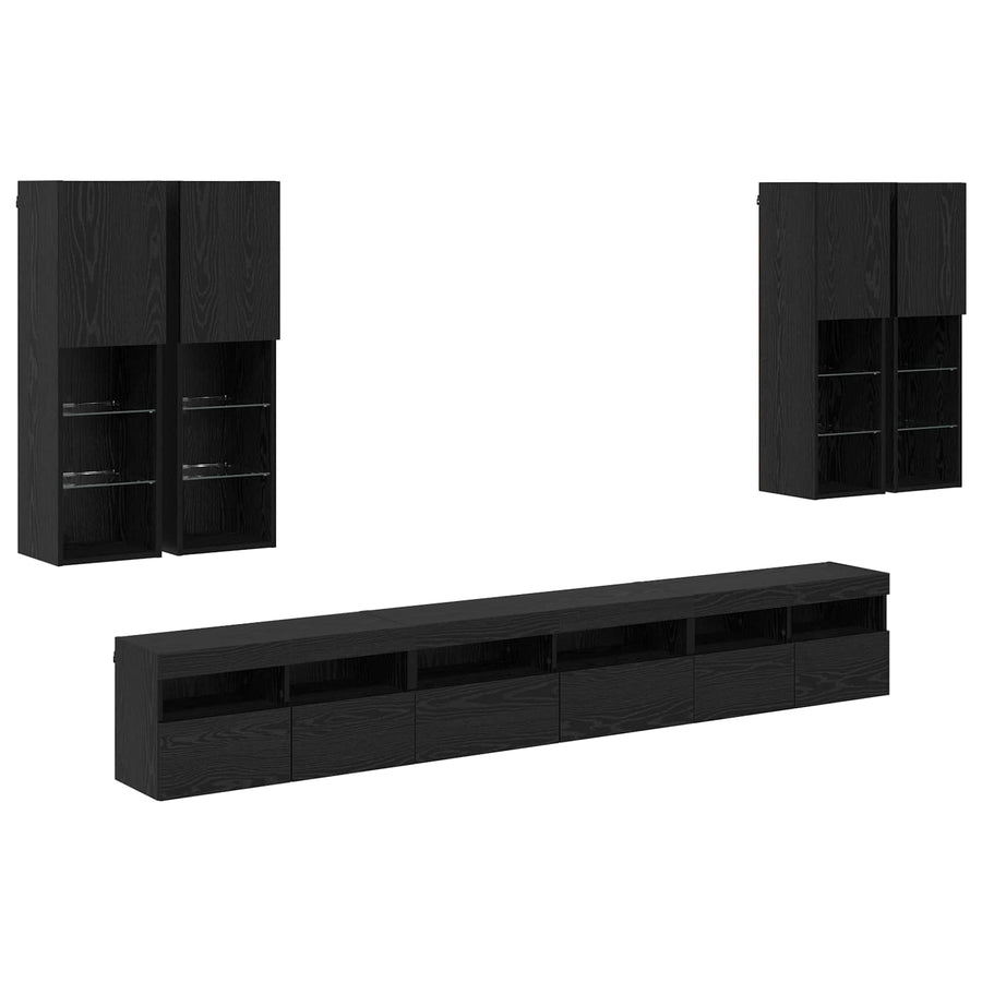 TV Wandkast Set Wandgemonteerd 7 pcs Zwart Eiken Bewerkt hout