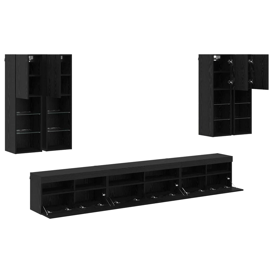 TV Wandkast Set Wandgemonteerd 7 pcs Zwart Eiken Bewerkt hout