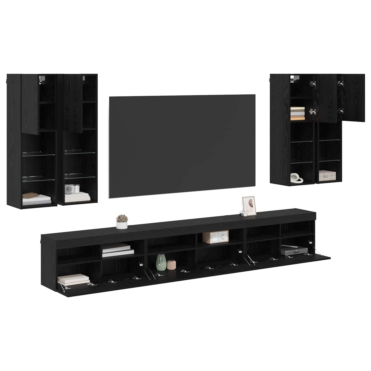 TV Wandkast Set Wandgemonteerd 7 pcs Zwart Eiken Bewerkt hout