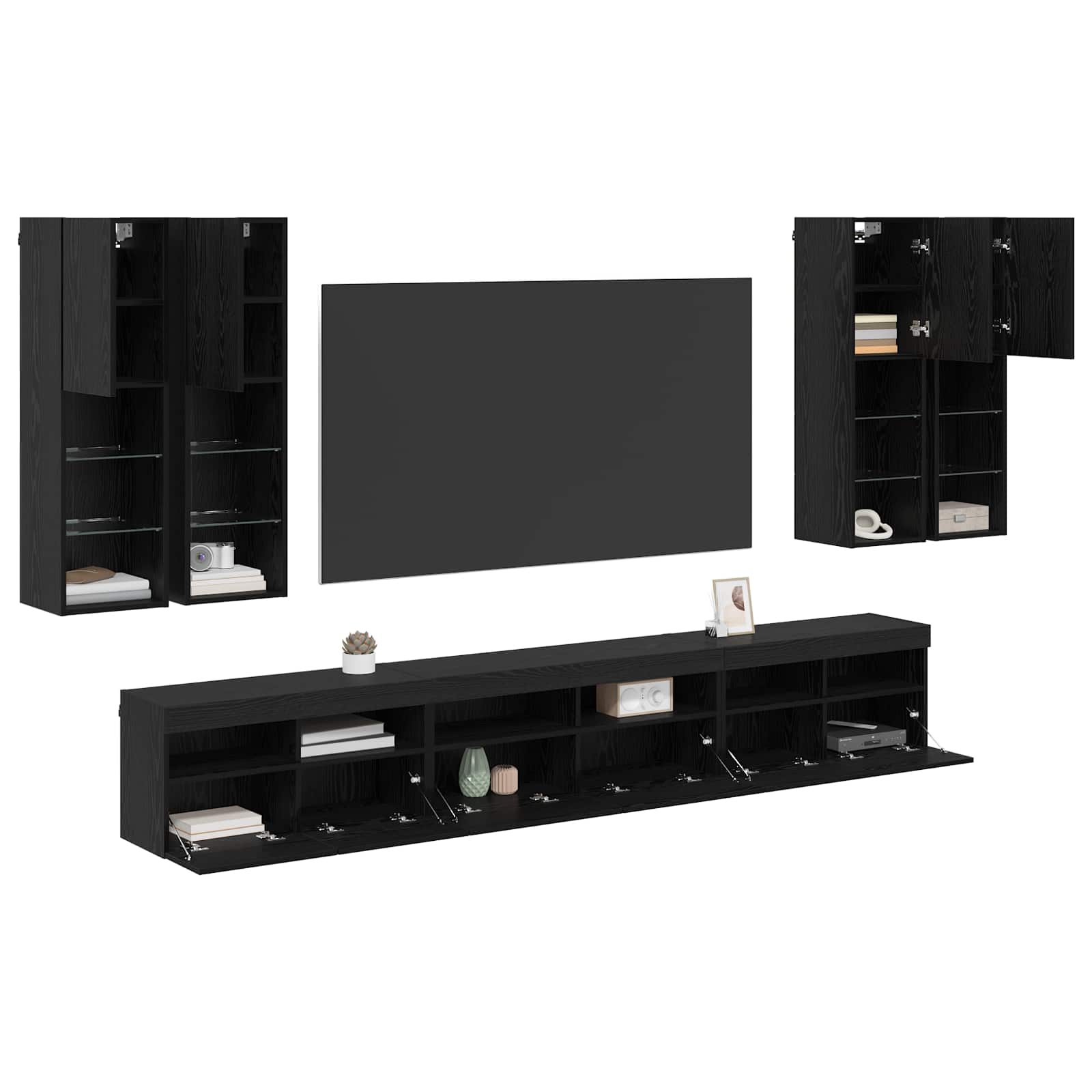 TV Wandkast Set Wandgemonteerd 7 pcs Zwart Eiken Bewerkt hout