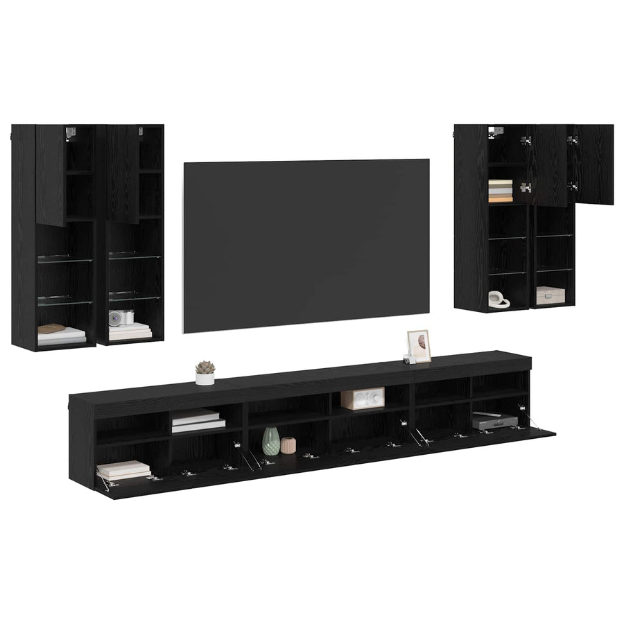 TV Wandkast Set Wandgemonteerd 7 pcs Zwart Eiken Bewerkt hout