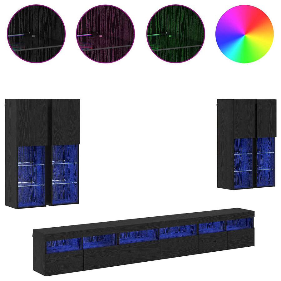 TV Wandkast Set Wandgemonteerd 7 pcs Zwart Eiken Bewerkt hout