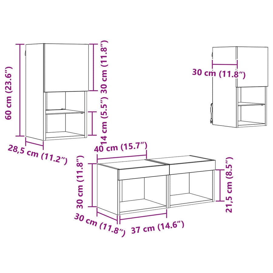 TV Wandkasten 4 pcs Oud Hout 30,5 x 30 x 60 cm Bewerkt hout