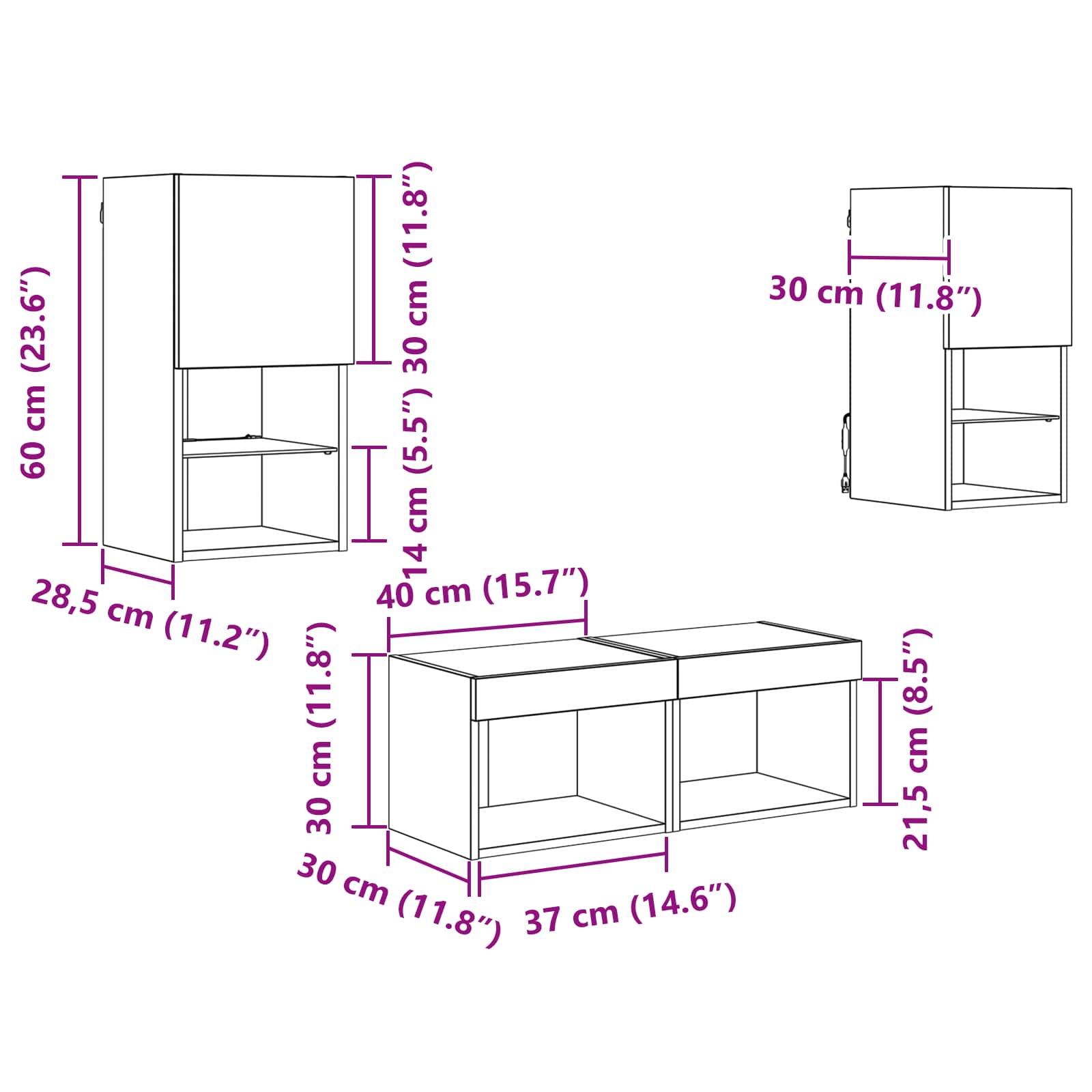 TV Wandkasten 4 pcs Zwart Eiken 30,5 x 30 x 60 cm Bewerkt hout