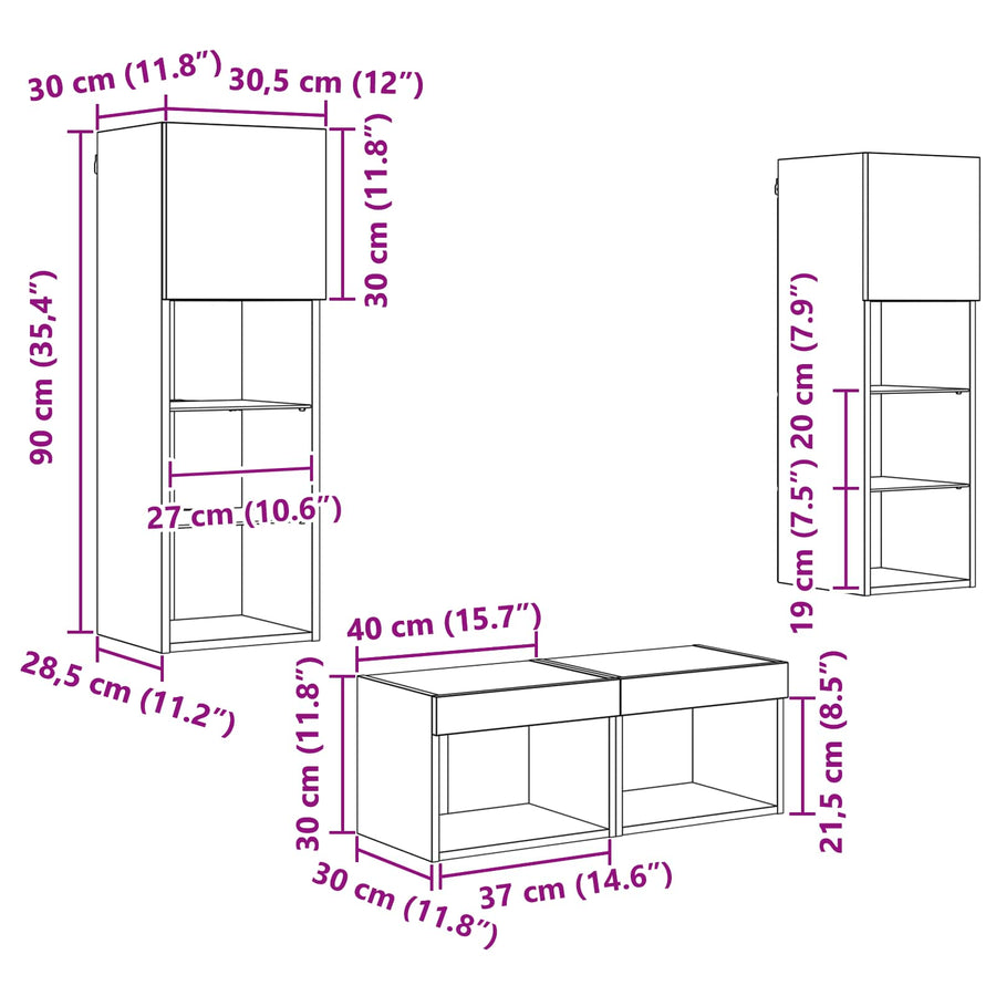 TV Wandkasten 4 pcs Zwart Eiken 40 x 30 x 30 cm Bewerkt hout