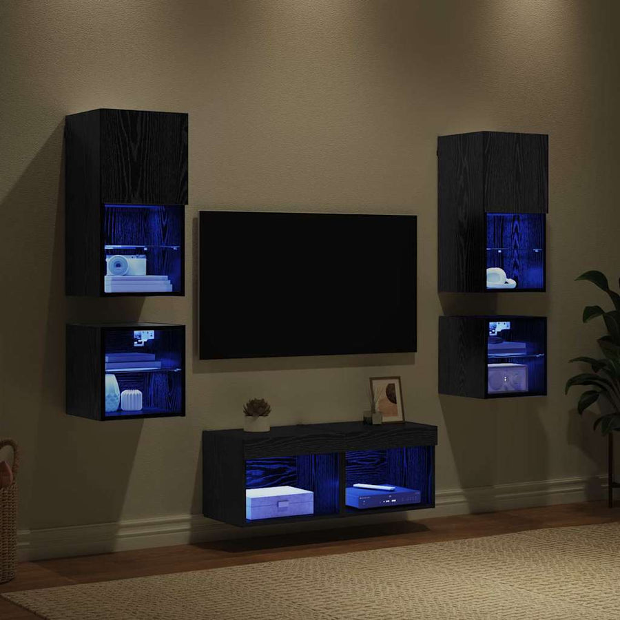 TV Wand Eenheden met LED 8 pcs Zwart Eiken Bewerkt hout