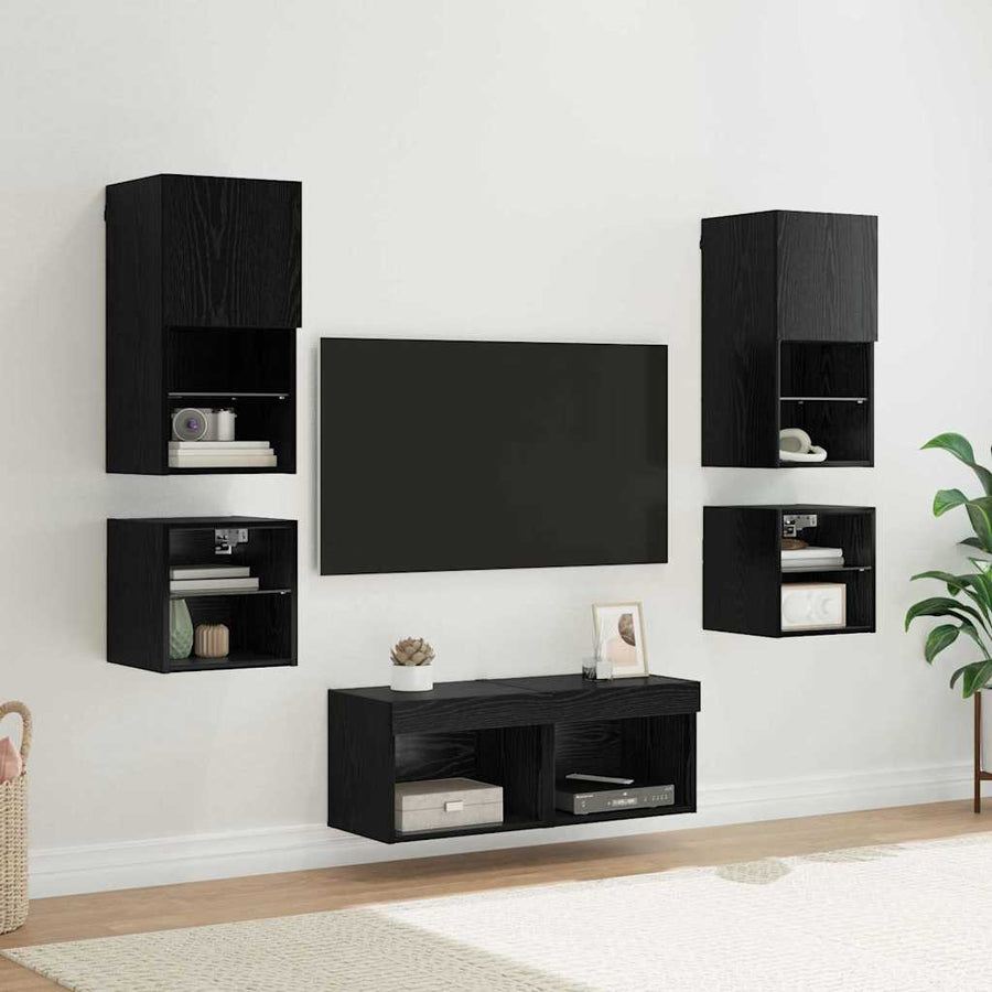 TV Wand Eenheden met LED 8 pcs Zwart Eiken Bewerkt hout