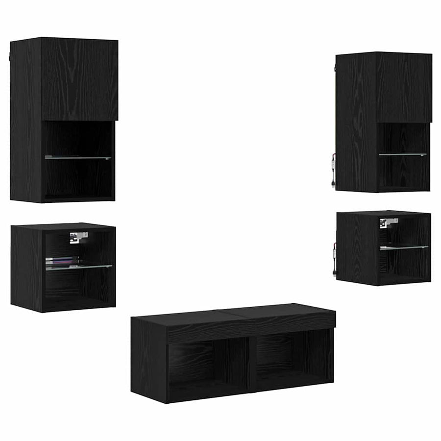 TV Wand Eenheden met LED 8 pcs Zwart Eiken Bewerkt hout
