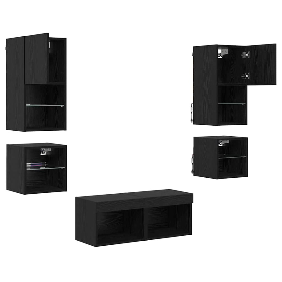 TV Wand Eenheden met LED 8 pcs Zwart Eiken Bewerkt hout