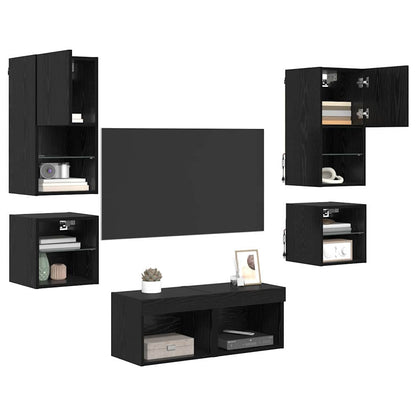 TV Wand Eenheden met LED 8 pcs Zwart Eiken Bewerkt hout