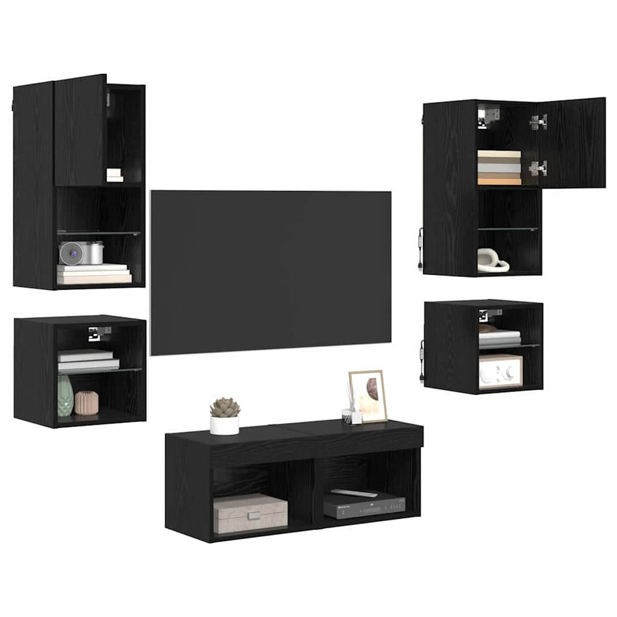 TV Wand Eenheden met LED 8 pcs Zwart Eiken Bewerkt hout