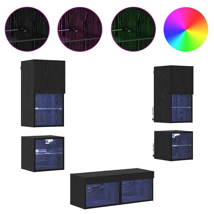 TV Wand Eenheden met LED 8 pcs Zwart Eiken Bewerkt hout