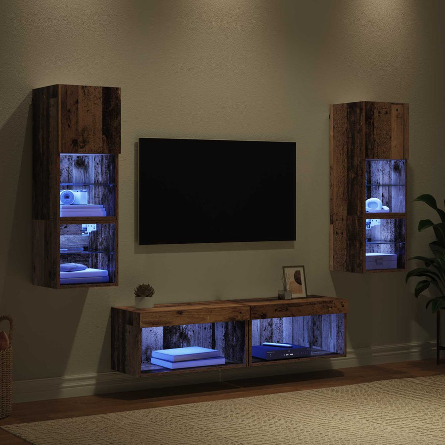 TV-wandmeubel met LED-striplichten 6 pcs Oud Hout Bewerkt hout