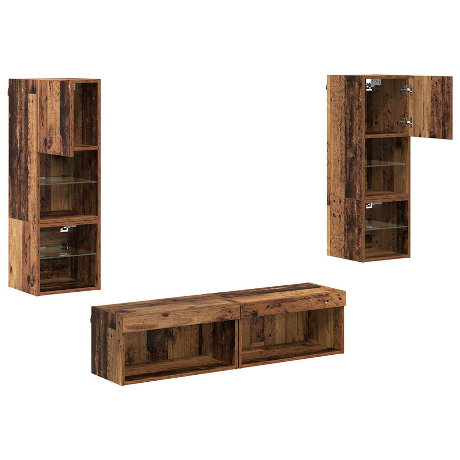 TV-wandmeubel met LED-striplichten 6 pcs Oud Hout Bewerkt hout